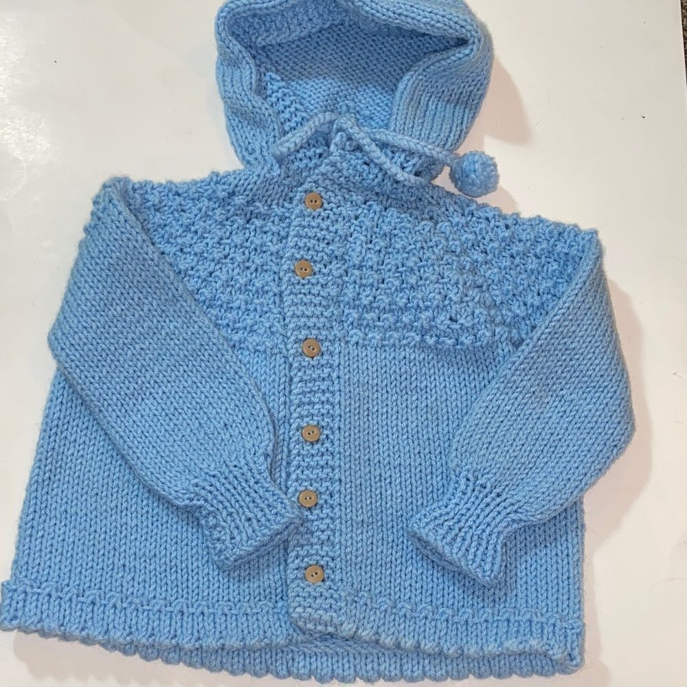 Adorable Blue Knit Baby Cardigan with Hood Unisex Size Approximate 12-18 Months